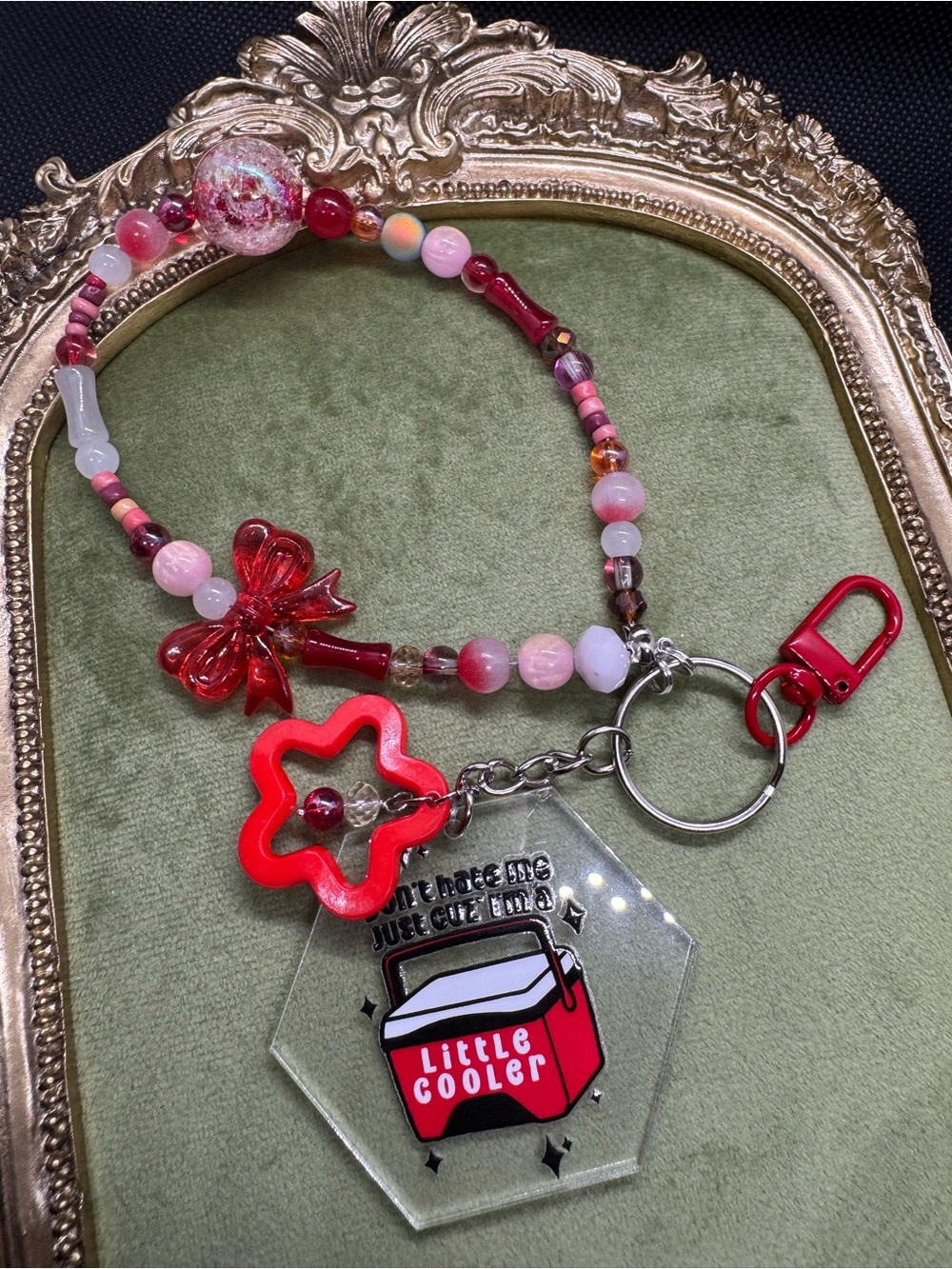Handmade Pink & Red Beaded Keychain Wristlet with 'Little Cooler' Charm